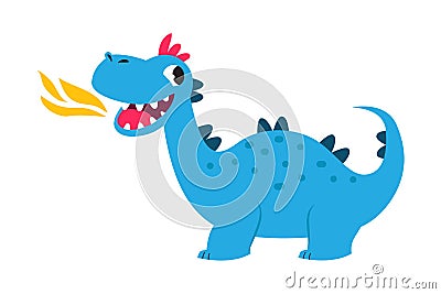 Cute Little Dragon Spitting Fire, Funny Baby Dinosaur Fairy Tale Character Cartoon Style Vector Illustration Stock Photo