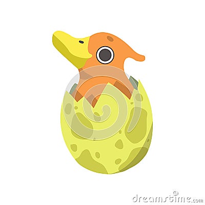 Cute Little Duckbill Dino Hatched from Yellow Egg, Adorable Baby Dinosaur Character Vector Illustration Vector Illustration