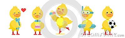 Cute Little Duckling with Yellow Feathers Engaged in Different Activity Vector Set Vector Illustration