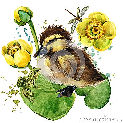 Cute little duckling. yellow water lily watercolor background. Cartoon Illustration