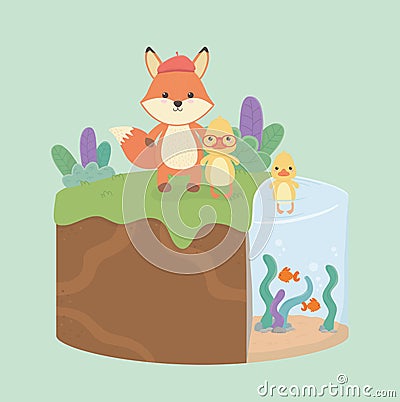 Cute and little ducks and fox in the field Vector Illustration