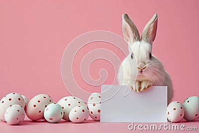 A cute little Easter bunny holding a blank white sign mock-up on Easter eggs pink background Stock Photo