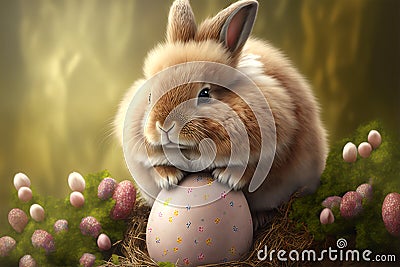 Cute little easter bunny pushing an easter egg. Stock Photo