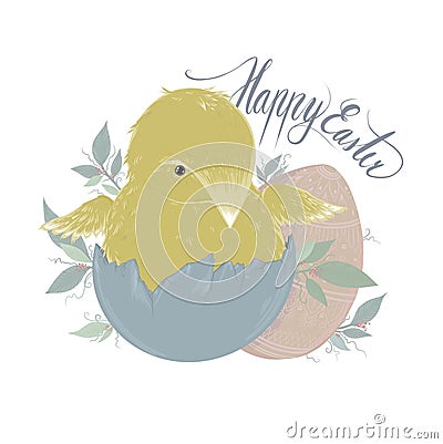 Cute little Easter chick hatch from egg Stock Photo