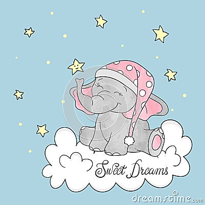 Cute little elephant on the cloud. Sweet dreams vector Vector Illustration