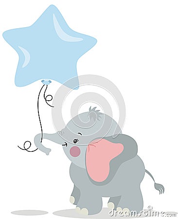 Cute little elephant holding a star balloon Vector Illustration