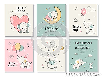 Cute little elephant, kids card print template Vector Illustration