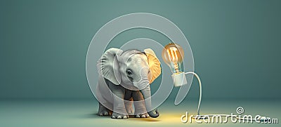 Cute little elephant and light bulb showing ideas, concepts, creativity, minimalist watercolor style. Generative ai Stock Photo