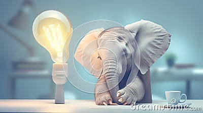 Cute little elephant and light bulb showing ideas, concepts, creativity, minimalist watercolor style. Stock Photo