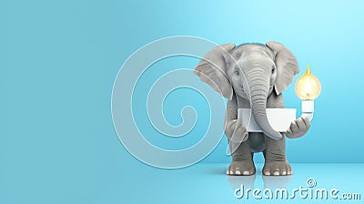 Cute little elephant and light bulb showing ideas, concepts, creativity, minimalist watercolor style. Generative ai Stock Photo