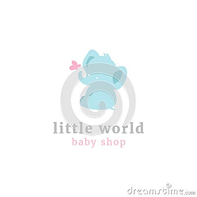 Cute little elephant logo. Kids toy shop and baby goods store mascot Vector Illustration