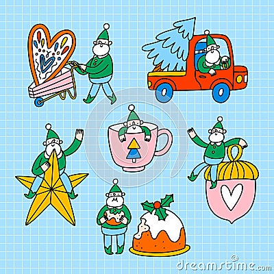 Cute little elfs, Santa helpers, vector illustration set Vector Illustration