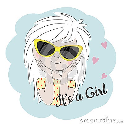 Cute little face Girl. Romantic pretty character flat style. Vector Illustration