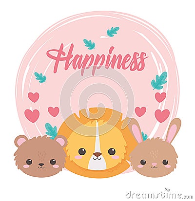 Cute little faces lion bear rabbit hearts cartoon animals Vector Illustration