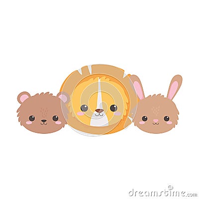 Cute little faces lion bear rabbit hearts cartoon animals Vector Illustration