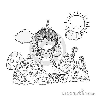 Cute little fairy with unicorn horns character Vector Illustration