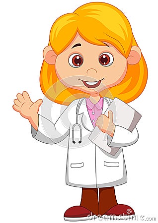 Cute little female doctor cartoon waving hand Vector Illustration