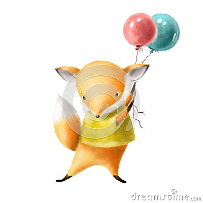 Cute little fox with balloons holiday children`s illustration, watercolor clipart Cartoon Illustration