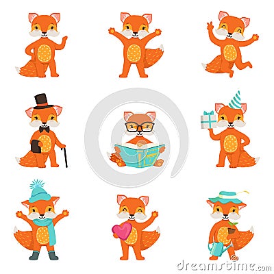 Cute little fox cartoon characters set for label design. Colorful detailed vector Illustrations Vector Illustration