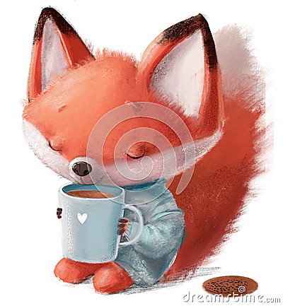 cute little fox character with blue sweater and tea cup Stock Photo