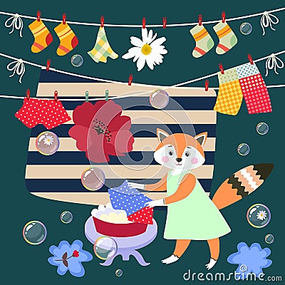 Cute little fox washes clothes. Vector illustration. Beautiful card with lovely animal, bubbles, poppy and daisy Vector Illustration