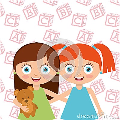 Cute little friends girl happy Vector Illustration