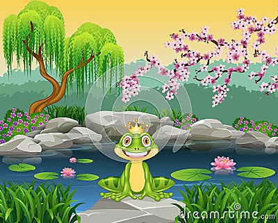 Cute little frog sitting on the rock Vector Illustration