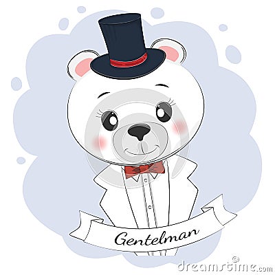 Cute little gentleman bear with top hat and bow tie. Vector Illustration