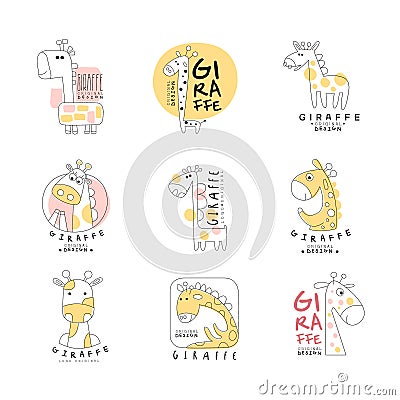 Cute little giraffe logo template original design set, vector Illustrations can be used for baby or toys shop, kids club Vector Illustration