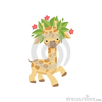 Cute little giraffe in wreath of flowers, funny jungle animal cartoon character vector Illustration on a white Vector Illustration