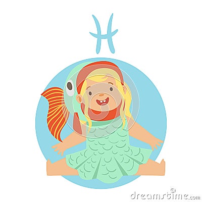 Cute little girl as Pisces astrological sign. Horoscope symbol colorful character vector Illustration Vector Illustration