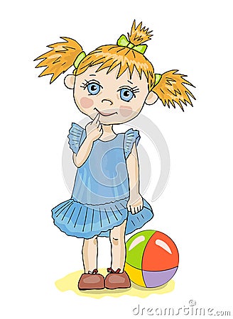 Cute little girl with ball, dressed in blue, stands putting a finger in her mouth Vector Illustration
