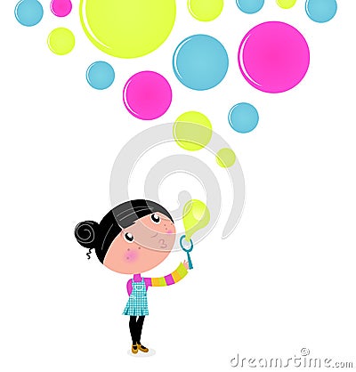 Cute little Girl blowing Soap bubbles. Vector Illustration