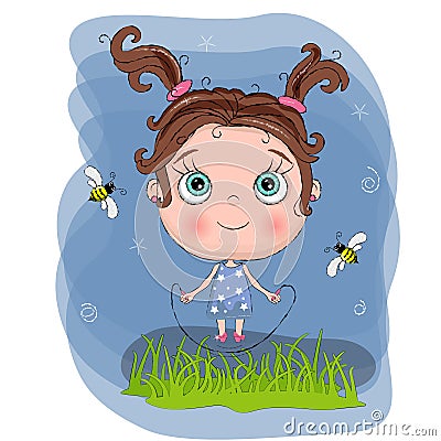 Cute little girl with blue dress jump with rope with green grass and bee, adorable baby cartoon background. lovely greeting card. Vector Illustration