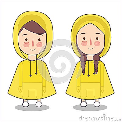 Cute little girl and boys playing wearing rain coat and boots vector stock illustration Vector Illustration