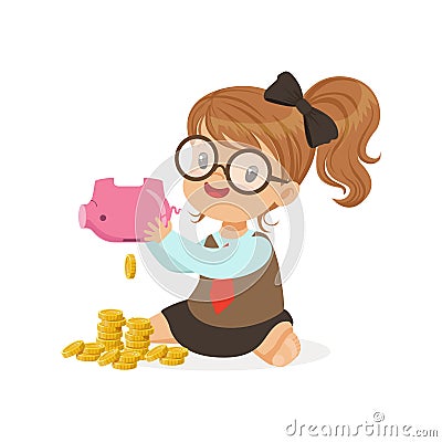 Cute little girl businesswoman shaking piggy bank full of money, kids savings and finance, richness of childhood vector Vector Illustration