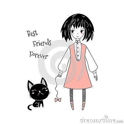 Cute little girl and cat Vector Illustration