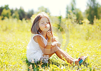 Cute little girl child blowing dandelion flower in sunny summer Stock Photo