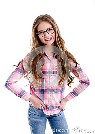 Cute little girl child preteen in eyeglasses education, school and vision concept Stock Photo