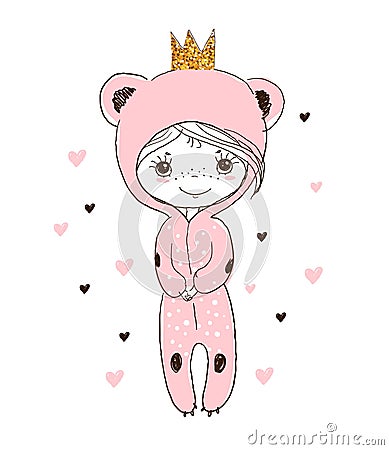 Cute little girl dressed as a teddy bear. Hand drawn linear drawing of a funny princess for design, nursery, baby shower, t-shirt Cartoon Illustration