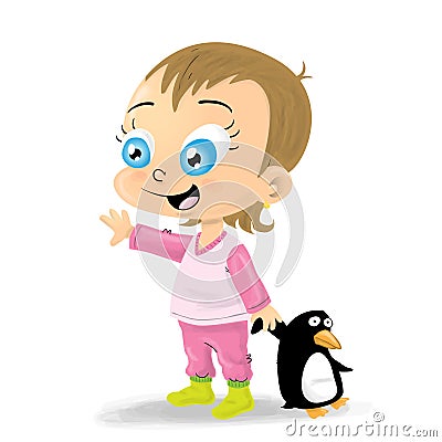 Cute little girl holding her favorite penguin toy Vector Illustration