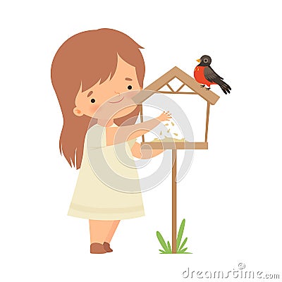 Cute Little Girl Feeding Bullfinch with Corn, Adorable Kid Caring for Animal Cartoon Vector Illustration Vector Illustration