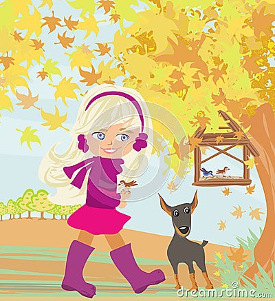 Cute little girl feeds birds in fall Vector Illustration