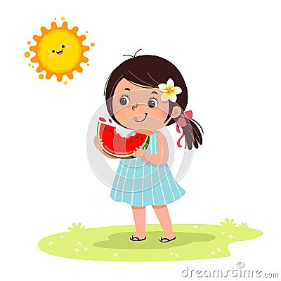 Cute little girl feeling happy with watermelon in hot sunny day Vector Illustration