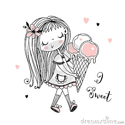 Cute little girl goes with a big ice cream. Sweet girl. Vector Stock Photo