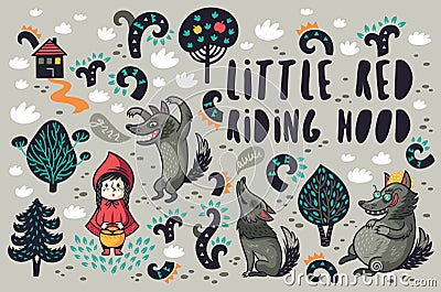 Cute little girl and gray hungry wolves in the forest vector set Vector Illustration