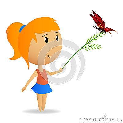 Cute little girl with green branch with butterfly Vector Illustration