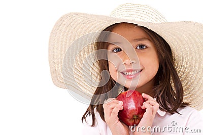 Cute little girl, hand holding red apple Stock Photo