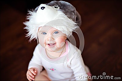 Cute little girl in a hat with Bunny Stock Photo