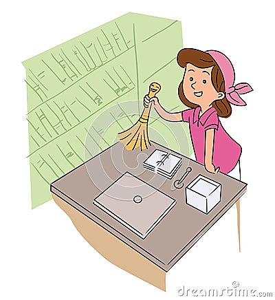 Cute little girl helper dusting off cleaning table Vector Illustration